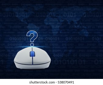 Wireless computer mouse with question mark sign icon over computer binary code on blue background, Customer support concept, Elements of this image furnished by NASA