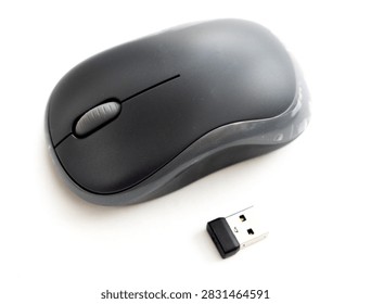 A wireless computer mouse and USB receiver on a white background