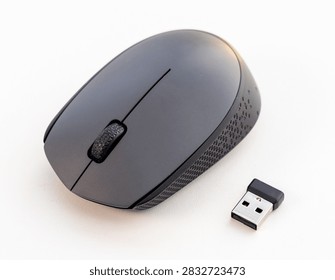 A wireless computer mouse and USB receiver are on a white background