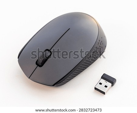 A wireless computer mouse and USB receiver are on a white background
