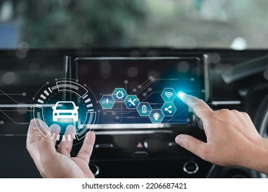 Wireless Connection Technology In The Smart Car And Virtual Screens Concept, Man Point On The Screen Icon A Car Online Connecting To The Car System And Safety Technology, Car Inside  Background