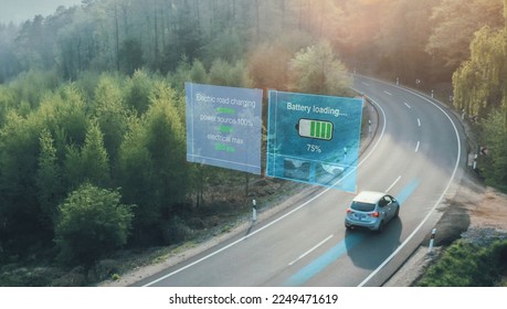 wireless electric vehicle charging while driving on road charging system. - Shutterstock ID 2249471619