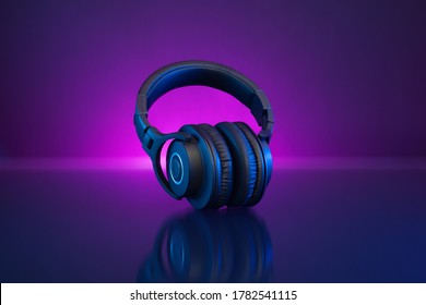 Wireless Gamer Headphones Dark Background And Neon Light.