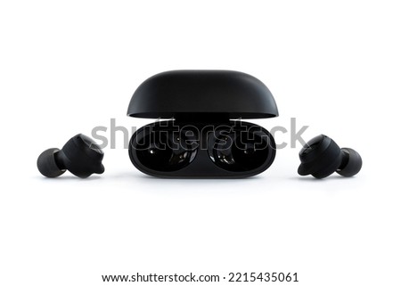 wireless headphones black color with box and charger on white background. box with wireless headphones.