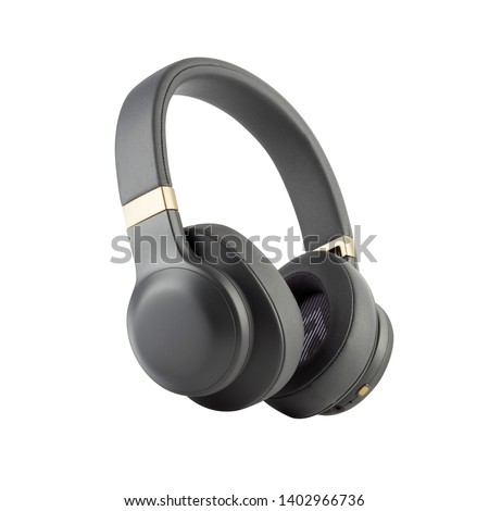 Wireless Headphones Isolated on White Background. Black Silver Over-the-Ear Headset With Noise Cancelling and Integrated Microphone. Side View of Acoustic Stereo Sound System