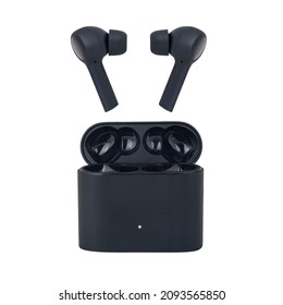 Wireless headphones on a white background. Headset close up in the charging case. - Shutterstock ID 2093565850