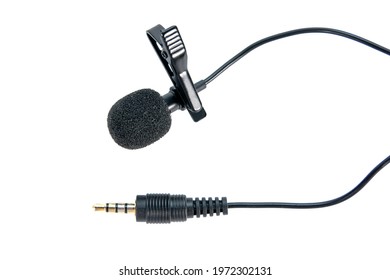 Wireless Microphone Clip With Mini 3.5 Jack Audio Isolated On White Background. Black Small Microphone Lapel Or Lavalier Isolated