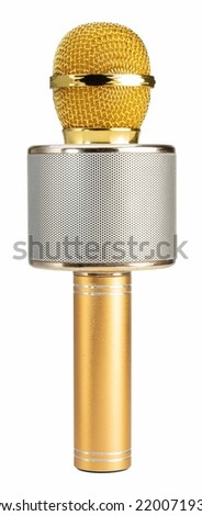 Wireless microphone with speaker isolated on white background, Golden Wireless microphone on white background With clipping path.