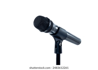 Wireless microphone with stand isolated on white background for singer and speaker. High quality dynamic microphone