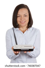 Wireless Modem Router Hardware In Woman Hands On A White Background