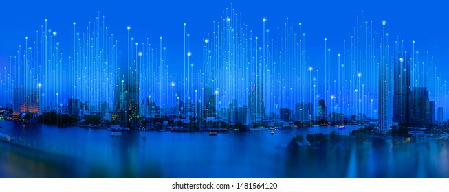 Wireless network and Connection technology concept with Abstract Bangkok city background in panorama view