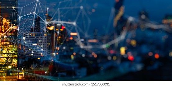 Wireless network and Connection technology concept with Abstract buildings and city background