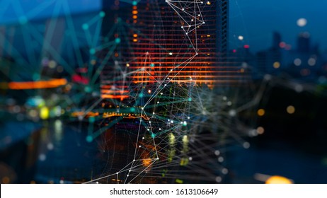 Wireless network and Connection technology concept with Abstract buildings and city background
