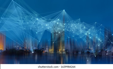 Wireless network and Connection technology concept with Abstract Bangkok city background 