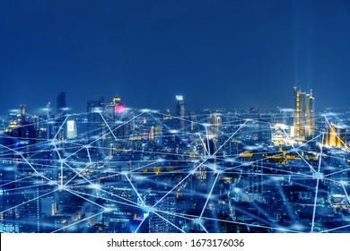 Wireless network, Connection technology concept, Information communication network, abstract line connection on night city background
