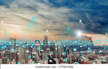 Wireless network and connection technology elements on abstract building city.