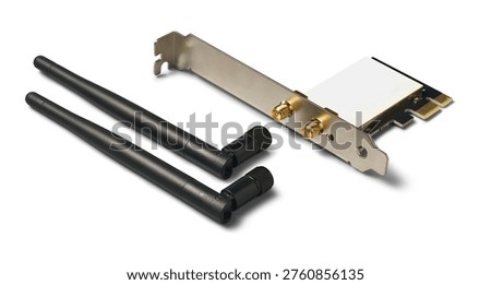 wireless network interface card with two black detachable wi-fi antennas isolated white background, metal mounting bracket and gold-plated sma connectors with blank label