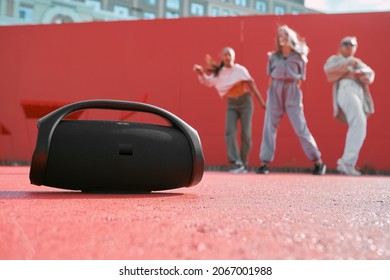 Wireless Outdoor Portable Speaker Product Presentation. Dance Floor Placement Of Device. Copy Space For Advertising