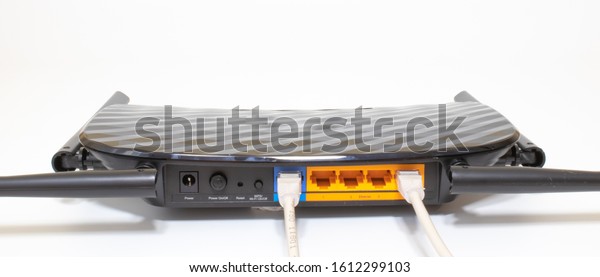 \
Wireless router for internet connections. The view\
from the rear 