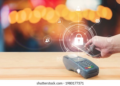 Wireless smart payment using mobile smartphone scanning system sensor on payment terminal quick accessible fast payment system digital financial transaction purchasing products, icon concept display.