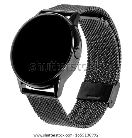 Wireless smart watch in a round glossy black case on a metal strap with a blank screen for a logo on a white background. Three quarter view
