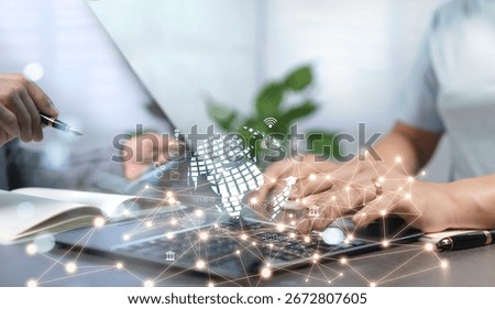 Wireless technology networks link data to each other. A world of borderless communication. Business people from all over the world can meet through laptop devices as if they were in the same office.