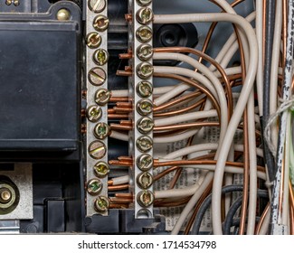 Wiring In Electrical Circuit Breaker Box Panel With Bus Bar And Copper Wires. Concept Of Home Maintenance, Repair, Remodeling