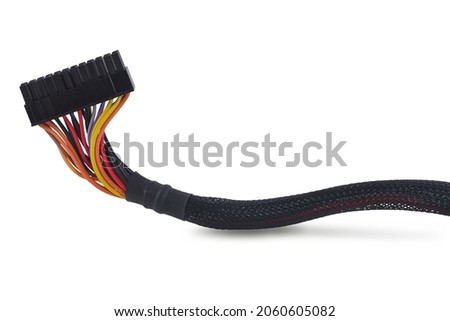 Wiring the electrical wires connect to the connector and insulated with black braided wires isolated on white background.With clipping path.
