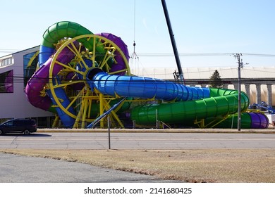 Wisconsin Dells, Wisconsin USA - April 1st, 2022: Medusa Slidewheel New Water Ride At Mt. Olympus Water And Theme Park Resort.