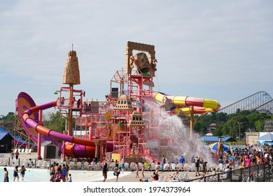 Wisconsin Dells, Wisconsin USA August 11th, 2019: Family members enjoy summer fun at LOST CITY OF ATLANTIS water rides at Mt. Olympus Water and Theme Park.