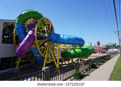 Wisconsin Dells, Wisconsin USA - June 21st, 2022: Medusa's Slidewheel New Water Park Ride At Mt. Olympus Fully Assembled.