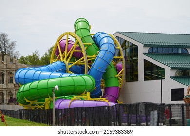 Wisconsin Dells, Wisconsin USA - May 21st, 2022: Medusa's Slidewheel New Water Park Ride At Mt. Olympus Fully Assembled.