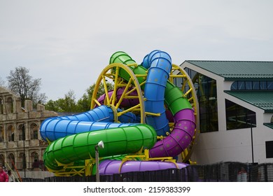 Wisconsin Dells, Wisconsin USA - May 21st, 2022: Medusa's Slidewheel New Water Park Ride At Mt. Olympus Fully Assembled.