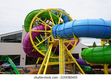 Wisconsin Dells, Wisconsin USA - May 21st, 2022: Medusa's Slidewheel New Water Park Ride At Mt. Olympus Fully Assembled.