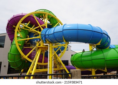 Wisconsin Dells, Wisconsin USA - May 21st, 2022: Medusa's Slidewheel New Water Park Ride At Mt. Olympus Fully Assembled.