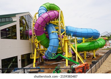 Wisconsin Dells, Wisconsin USA - May 21st, 2022: Medusa's Slidewheel New Water Park Ride At Mt. Olympus Fully Assembled.