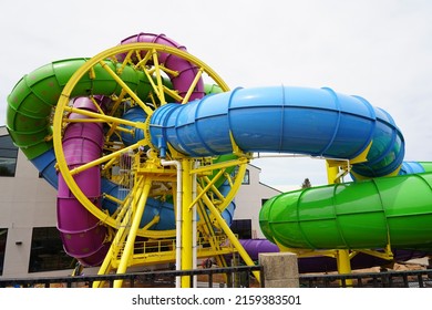 Wisconsin Dells, Wisconsin USA - May 21st, 2022: Medusa's Slidewheel new water park ride at Mt. Olympus fully assembled.