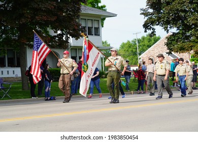 Wisconsin Dells, Wisconsin USA - May 31, 2021: Dells Pack 79 Members And Troop 66 Boy Scouts Marched In Memorial Day Parade.