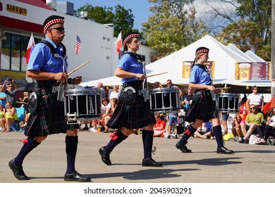 Wisconsin Dells, Wisconsin USA - September 19th, 2021: Group Of Bag Pipe And Drum Players From Madison Pipes And Drums Marched In Wa Zha Wa Fall Festival Parade.