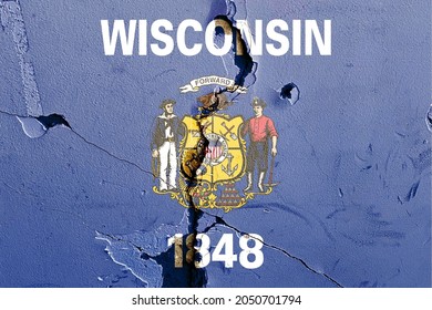 Wisconsin State Flag Icon Grunge Pattern Painted On Old Weathered Broken Wall Background, Abstract US State Wisconsin Politics Economy Society History Issues Concept Texture Wallpaper