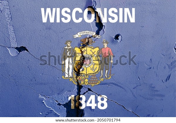 Wisconsin State\
Flag icon grunge pattern painted on old weathered broken wall\
background, abstract US State Wisconsin politics economy society\
history issues concept texture\
wallpaper