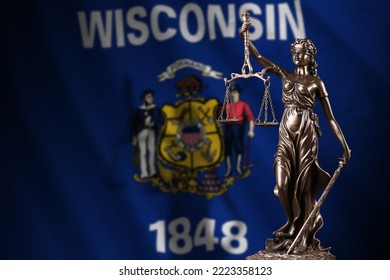 Wisconsin US state flag with statue of lady justice and judicial scales in dark room. Concept of judgement and punishment, background for jury topics - Powered by Shutterstock