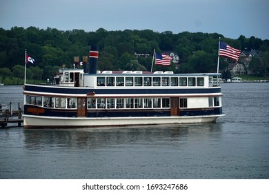 Wisconsin, USA; June 23, 2019: Double-decker ship used to take tourists around to see the sights around Lake Geneva.