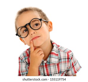 Wise little boy thinking, wearing big glasses