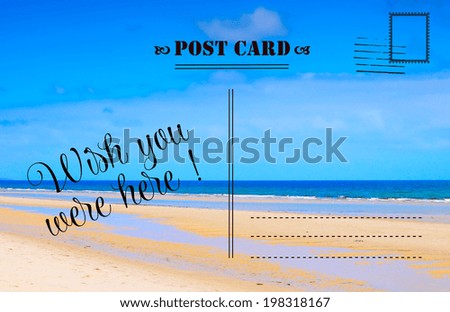 Wish You Were Here summer vacation postcard with scenic ocean beach view