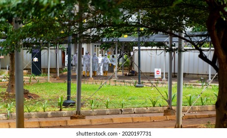 Wisma Athlete, Jakarta-July 23, 2021: Photo Of Workers Wearing Complete Personal Protective Equipment At The Covid-19 Emergency Hospital