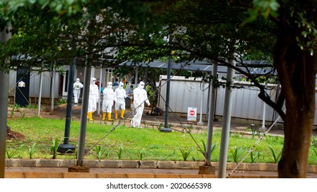 Wisma Athlete, Jakarta-July 23, 2021: Photo Of Workers Wearing Complete Personal Protective Equipment At The Covid-19 Emergency Hospital