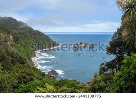 Wisps of fog ascending from untouched native rainforest clinging to steep cliffs dropping off to remote Tasman Sea beaches with rocky islets at Knights Point on New Zealand's untamed West Coast