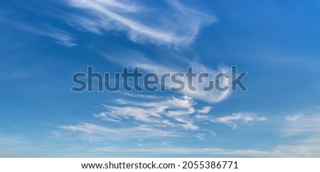 Wispy cirrus clouds high in the blue sky. Uncinus and fibratus subforms of cirrus clouds on a sunny day. Clouds classification in meteorology and weather forecast concepts. Sky only wide panorama.
