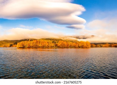 Wispy cumulus  cloud hovering over the Lakeside autumnal tree colour
